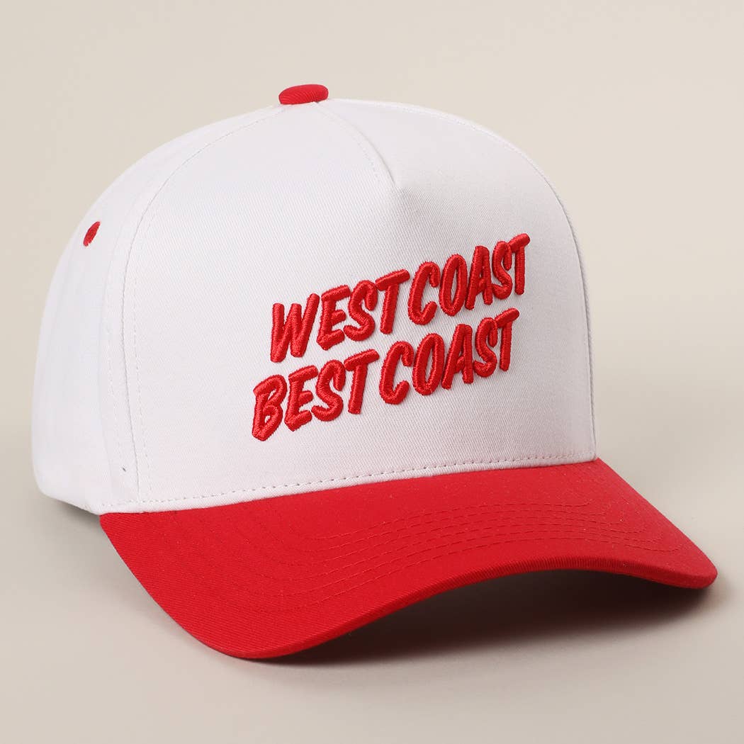 Red WEST COAST BEST COAST 3D Letter Embroidery Two-Tone Trucker  for wholesale on Faire1