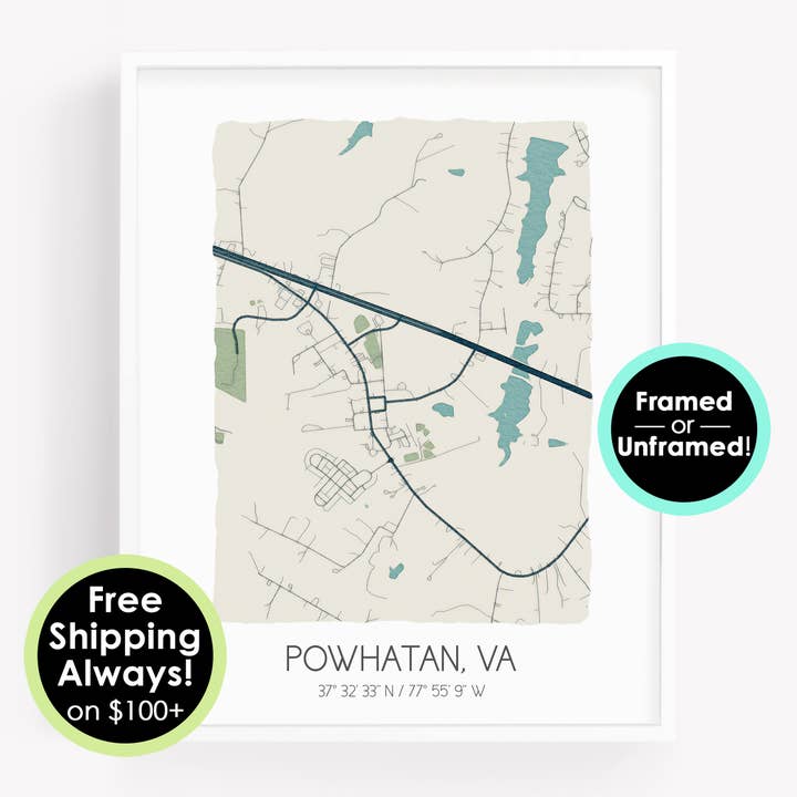 Local map print, hometown map, Powhatan Virginia map poster for wholesale by Sparks House Co.