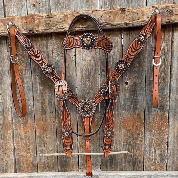 Stirnriemen/Brustkragen-Set mit Zebrajet und Topas #BBBC544 für den Großhandel von Rodeo Drive