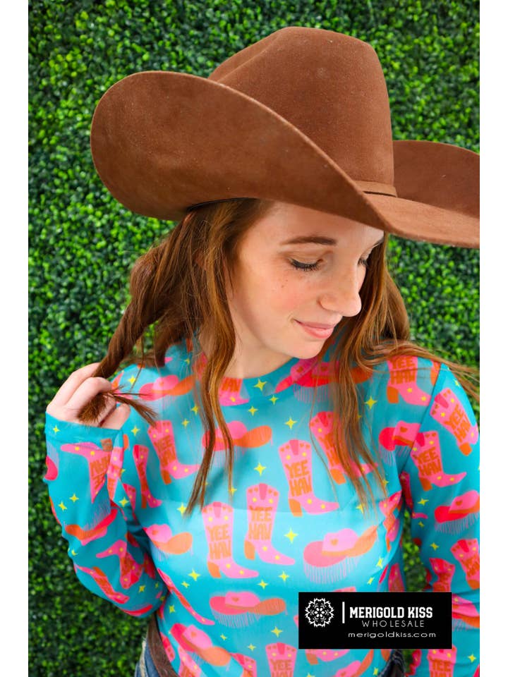 YEEHAW MK165 Yee Haw Long Sleeve Mesh Top - Multi for wholesale on Faire