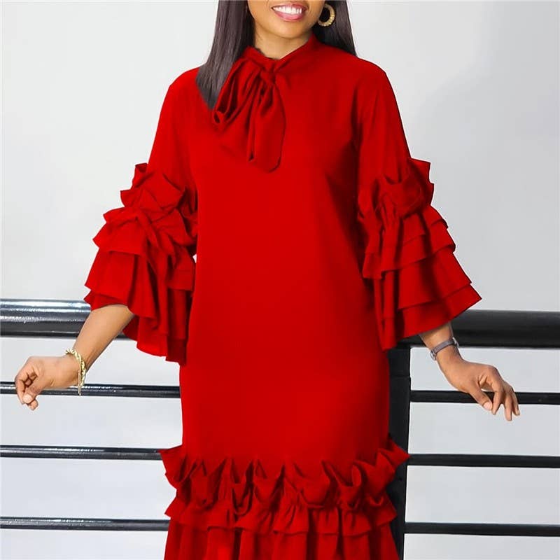 UZ Wholesale Store - Wholesale Dress - Women's - Stylish Ruffle Hem Trumpet Sleeve Dress1