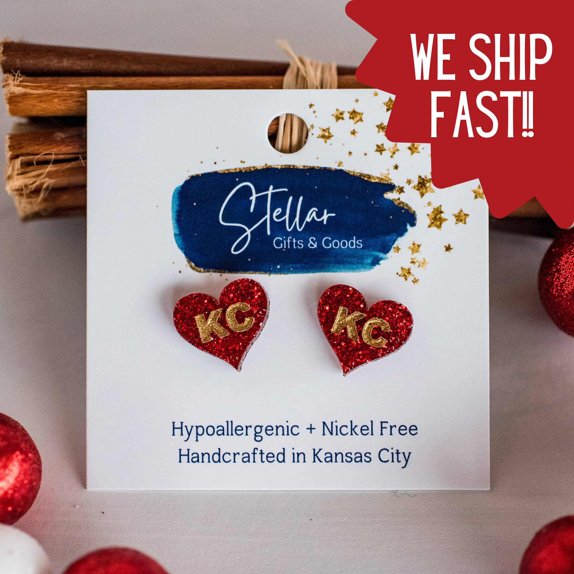 Stellar Gifts & Goods Wholesale - Wholesale Stud/Post Earrings - KC Football - KC Heart Studs Red & Gold Glitter Kansas City