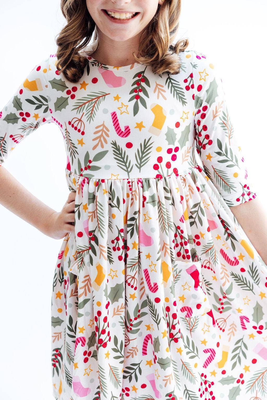 Mila & Rose - Wholesale Dress - Kids - Holly Jolly Christmas 3/4 Sleeve Pocket Twirl Dress