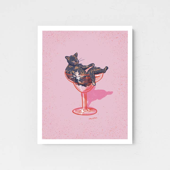 Art & Design by Shayna Sell - Wholesale Art Print - Tortoiseshell Cat and Margarita Glass Pink Art Print0