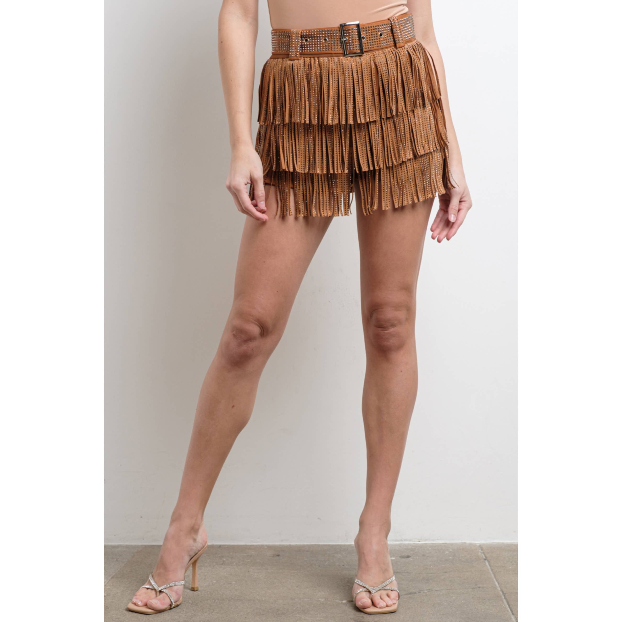 KIWI - Vente Jupe-short – femme - Jupe-culotte western en suédine avec franges et strass gris anthracite24