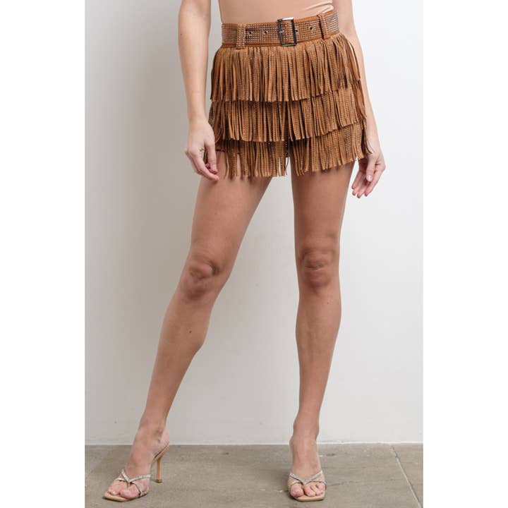 KIWI - Vente Jupe-short – femme - Jupe-culotte western en suédine avec franges et strass gris anthracite24