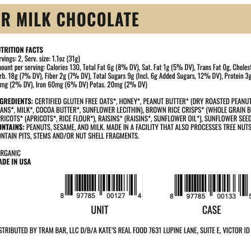 Kate's Real Food - Wholesale Snack Bar - Peanut butter Milk Chocolate