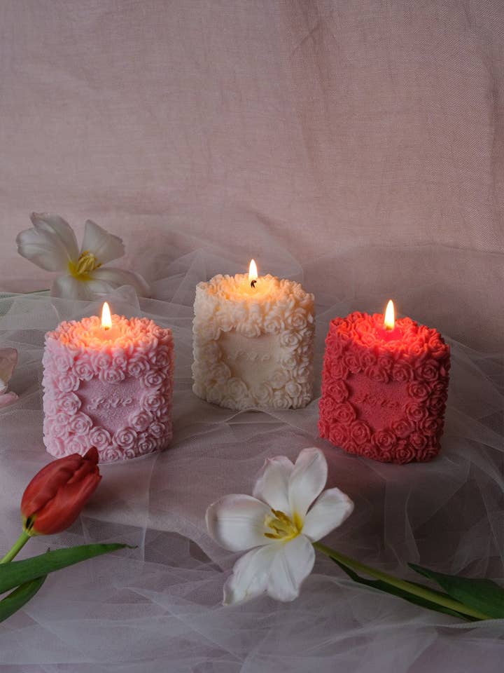 Rose Pillar Candle for wholesale by Interlude Candles