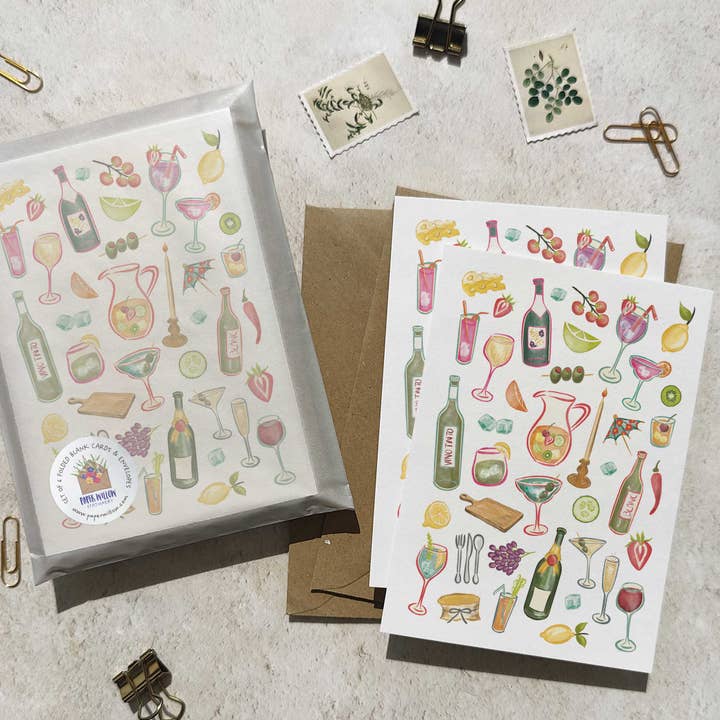 Ensemble de 6 cartes de correspondance et enveloppes pliées pour cocktail pour la vente par Paper Willow