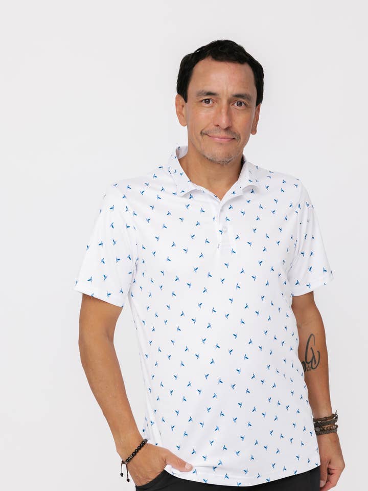 Men's Polo Shirt - Hummingbird Ditsy White/Onyx for wholesale by Nominou Designs