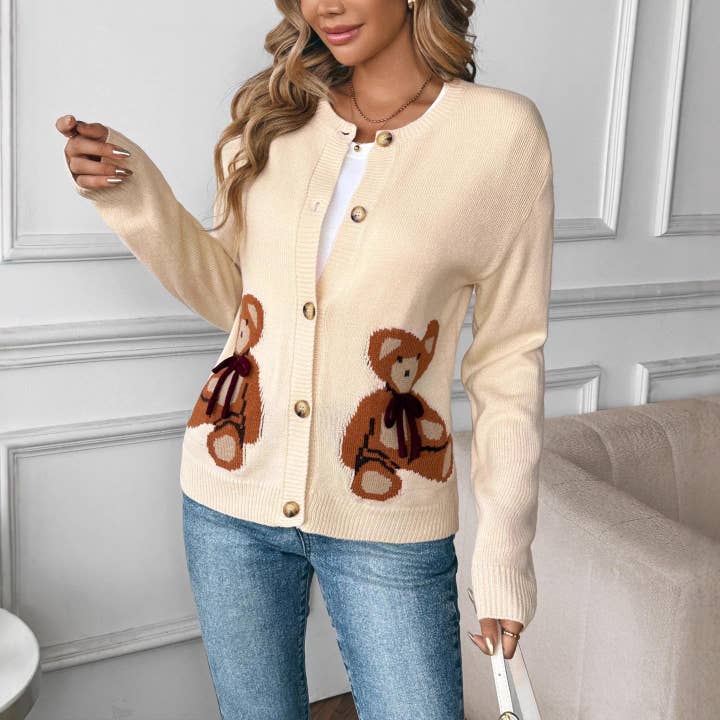 Beige Button-Up Knit Cardigan with Teddy Bear Design for wholesale on Faire2