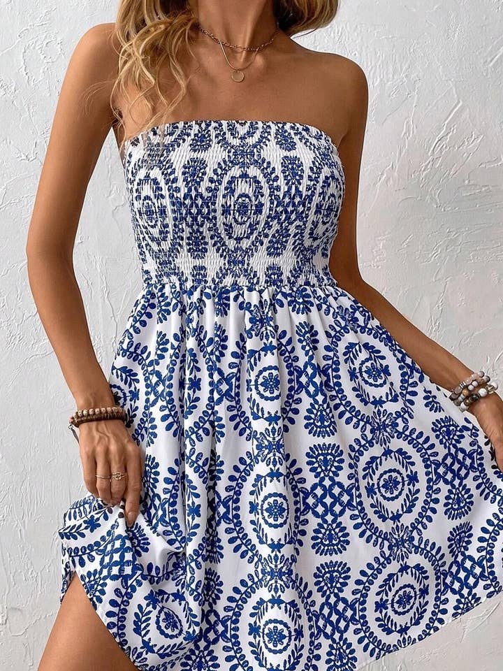 BLUE CWDTD0409_BLUE PRINTED TUBE TOP DRESS for wholesale on Faire