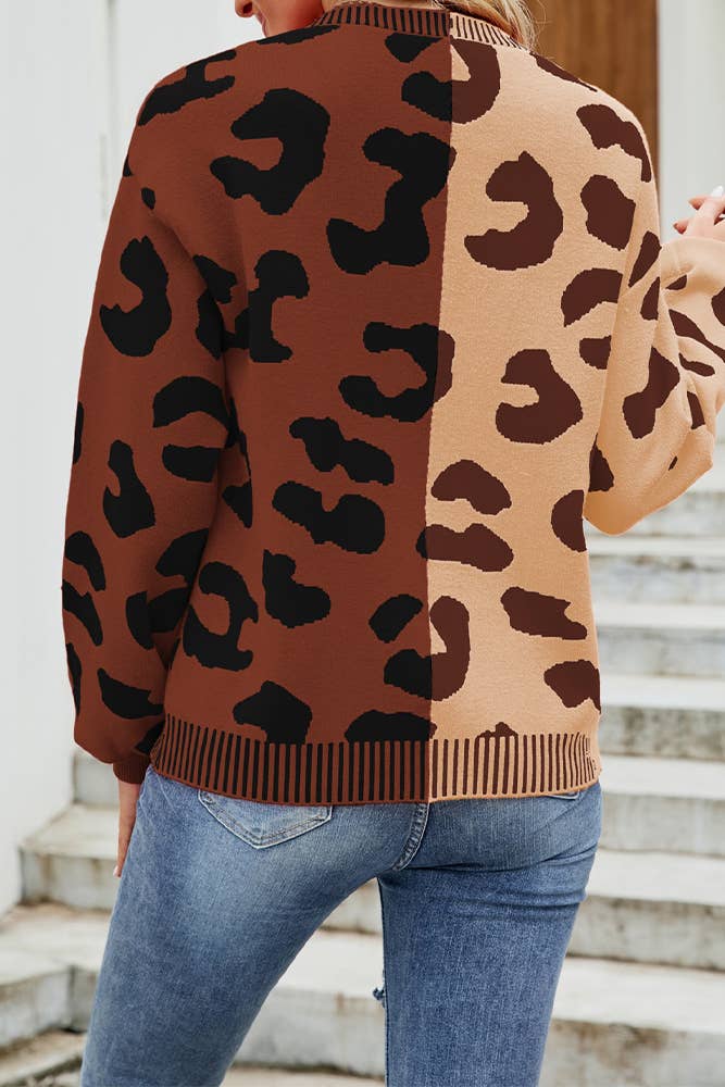 UNISHE - Wholesale Cardigan - Women's - V Neck Button Leopard Colorblock Cardigan MD0072