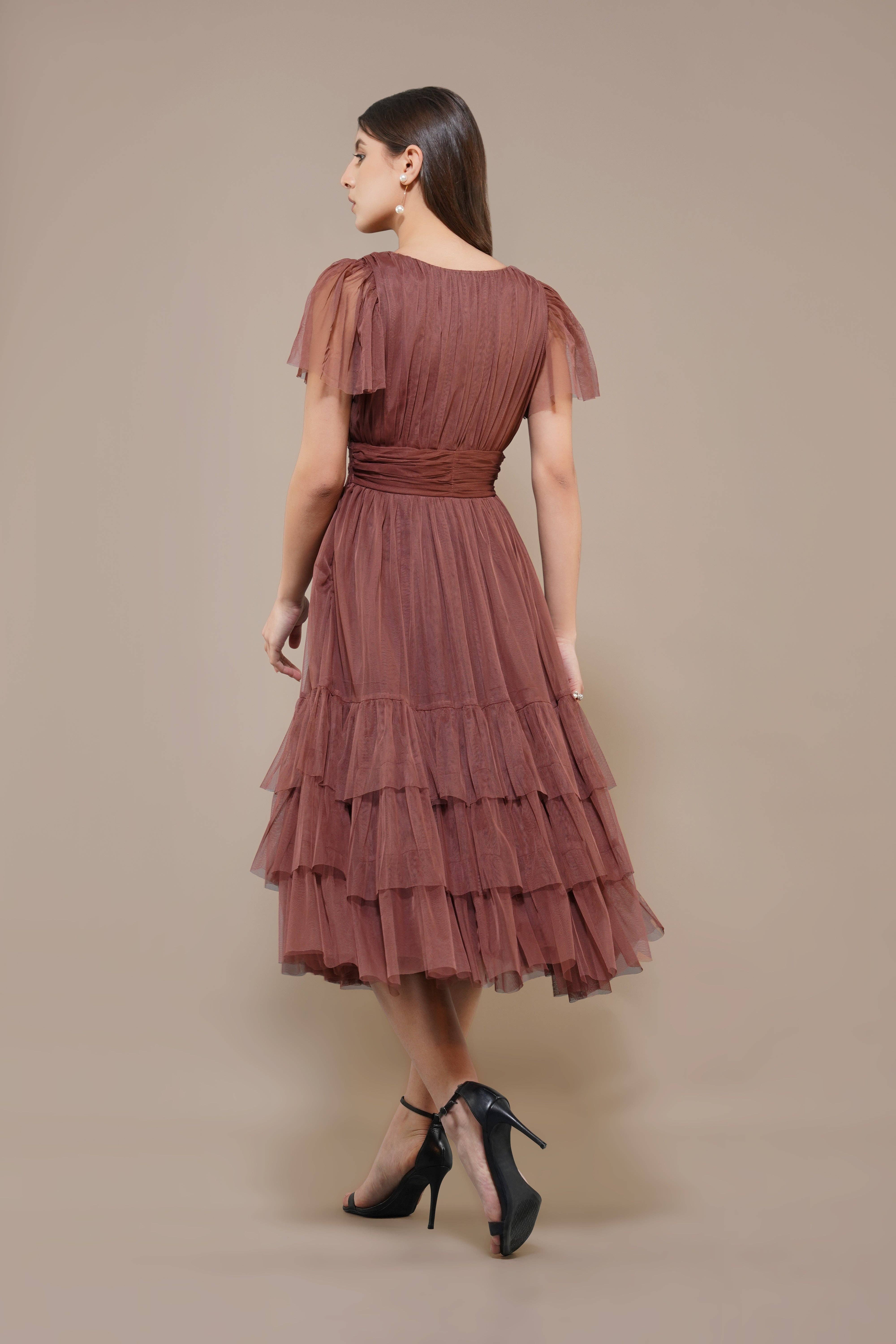 Madison Rose Brown Tulle Bridesmaid Midi Dress for wholesale on Faire4