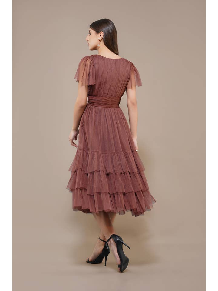 Madison Rose Brown Tulle Bridesmaid Midi Dress for wholesale on Faire4