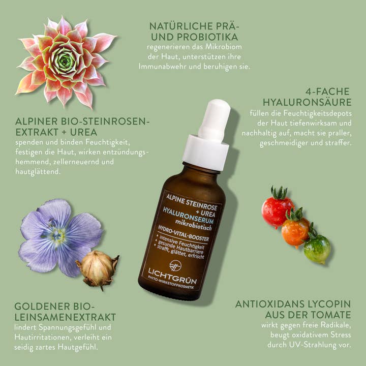 LICHTGRÜN - Wholesale Facial Serum/Concentrate - Hyaluronic Serum 30ml Alpine Stone Rose+Urea Microbiotic1
