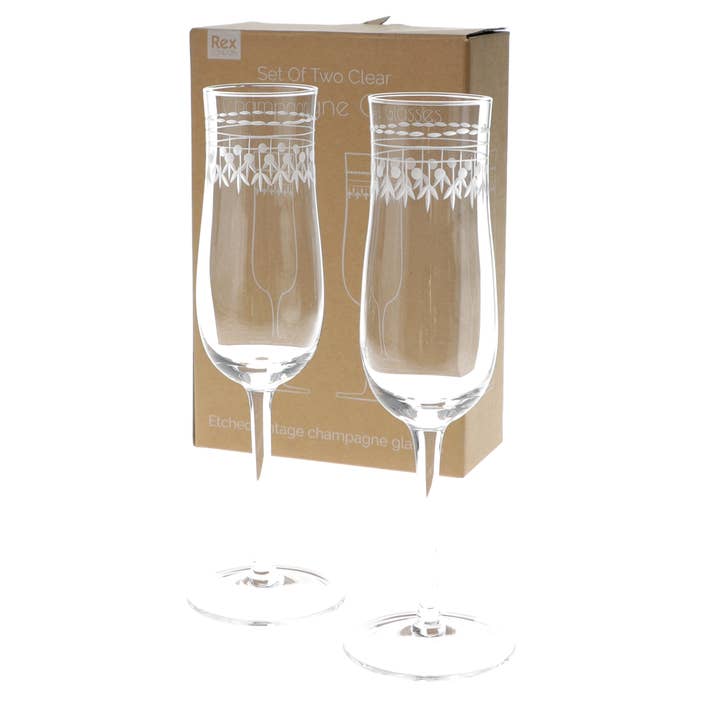 Vintage etched champagne glasses 200ml (set of 2) - Clear for wholesale by Rex B2B - UK