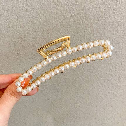 AK Brand - Wholesale Hair Clip - Women's - Gold Metal Geometric Open Hair Claw with Crystals & Pearls1