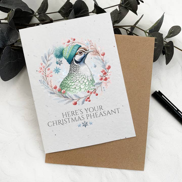 Funny Christmas pheasant plantable wildflower seed card for wholesale by Wild Bloom Press