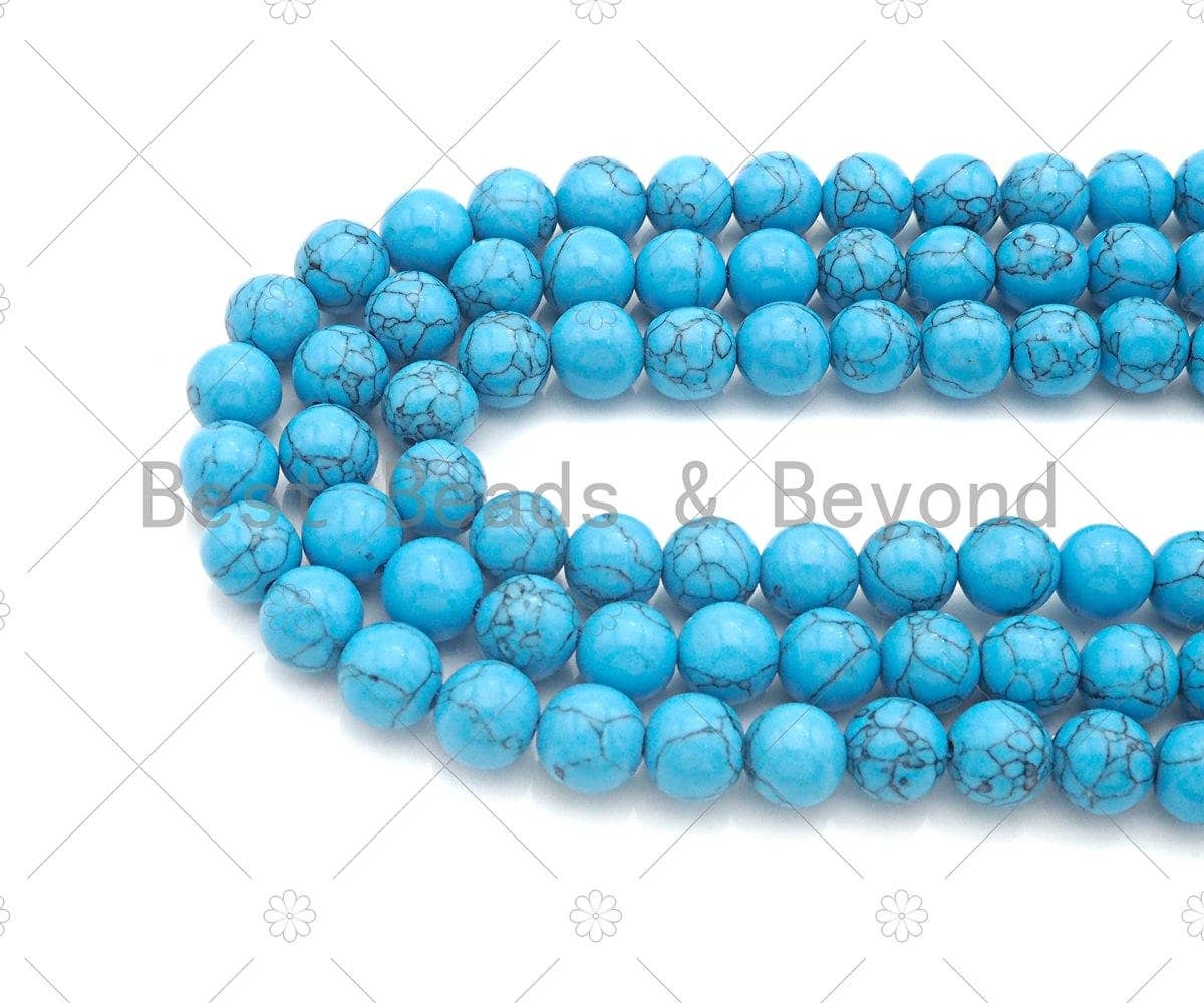 BestBeads&Beyond - Venta al por mayor Cuentas - Cuentas lisas redondas de howlita azul turquesa natural, cuentas de howlita de 6 mm/8 mm/10 mm/12 mm/14 mm, hebra completa de 15.5 pulgadas, SKU #U11642