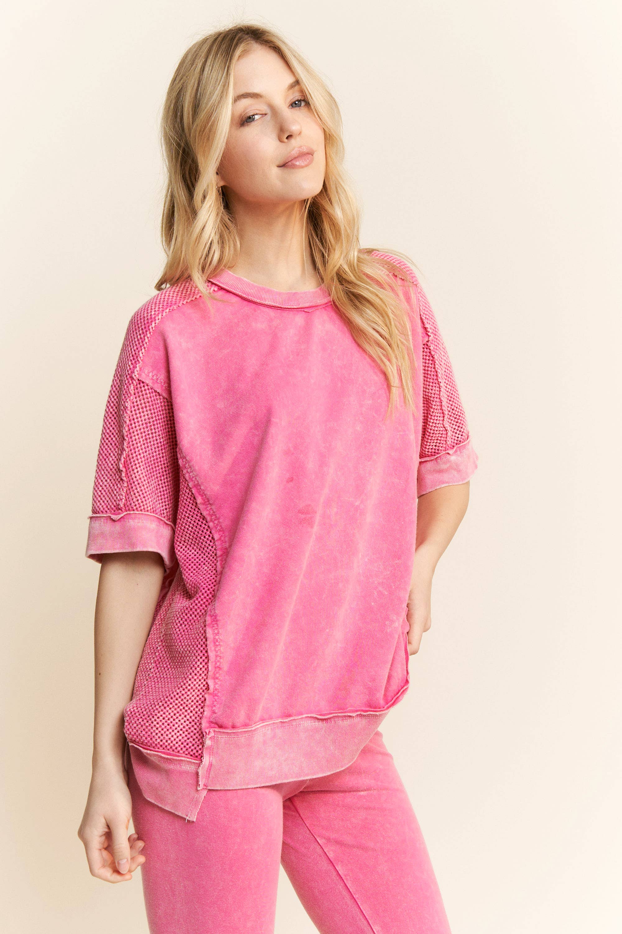 J.Her – wholesale T-shirt – women's – MineralWashed Open Mesh Tshirt HT633320