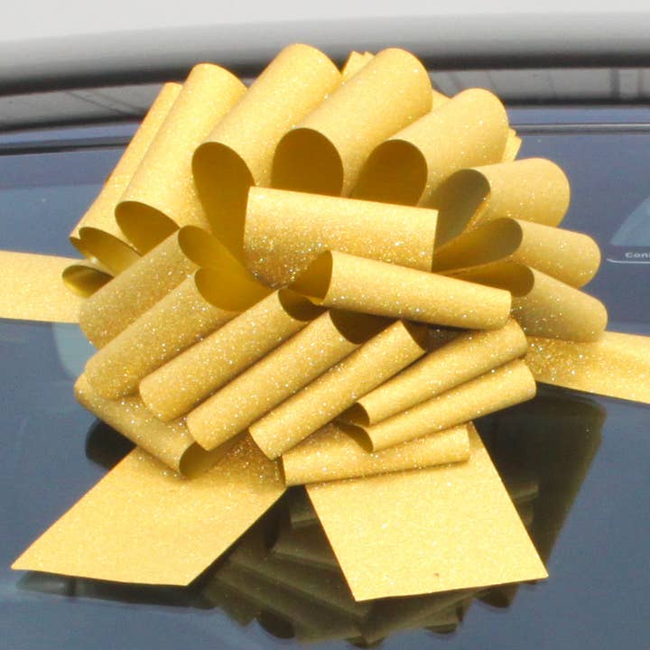 5 x Giant Car Bows with 3m Ribbon - (30cm) GOLD GLITTER for wholesale by Candi Gifts