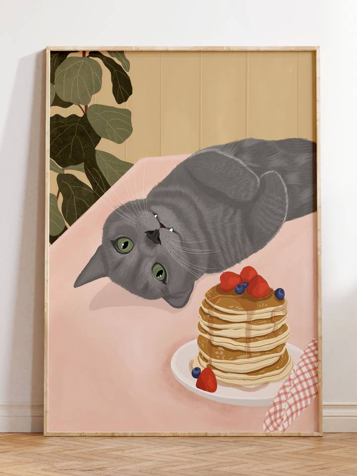 Stampa d'Arte Gatto & Pancakes per la vendita all'ingrosso da parte di Illustrations Its Funny Howww Inc