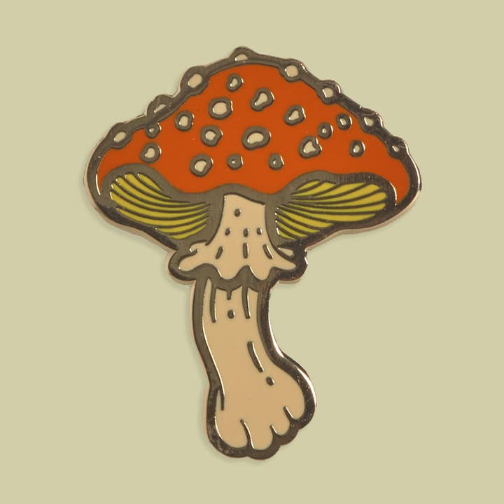 Mushroom Enamel Pin 1.25” for wholesale by Mustard Beetle