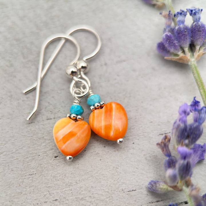Petite Spiny Oyster and Turquoise Earrings – Orange Heart Shell Jewelry in 925 Silver -Turquoise Accents for wholesale by Sunlight Silver Jewelry