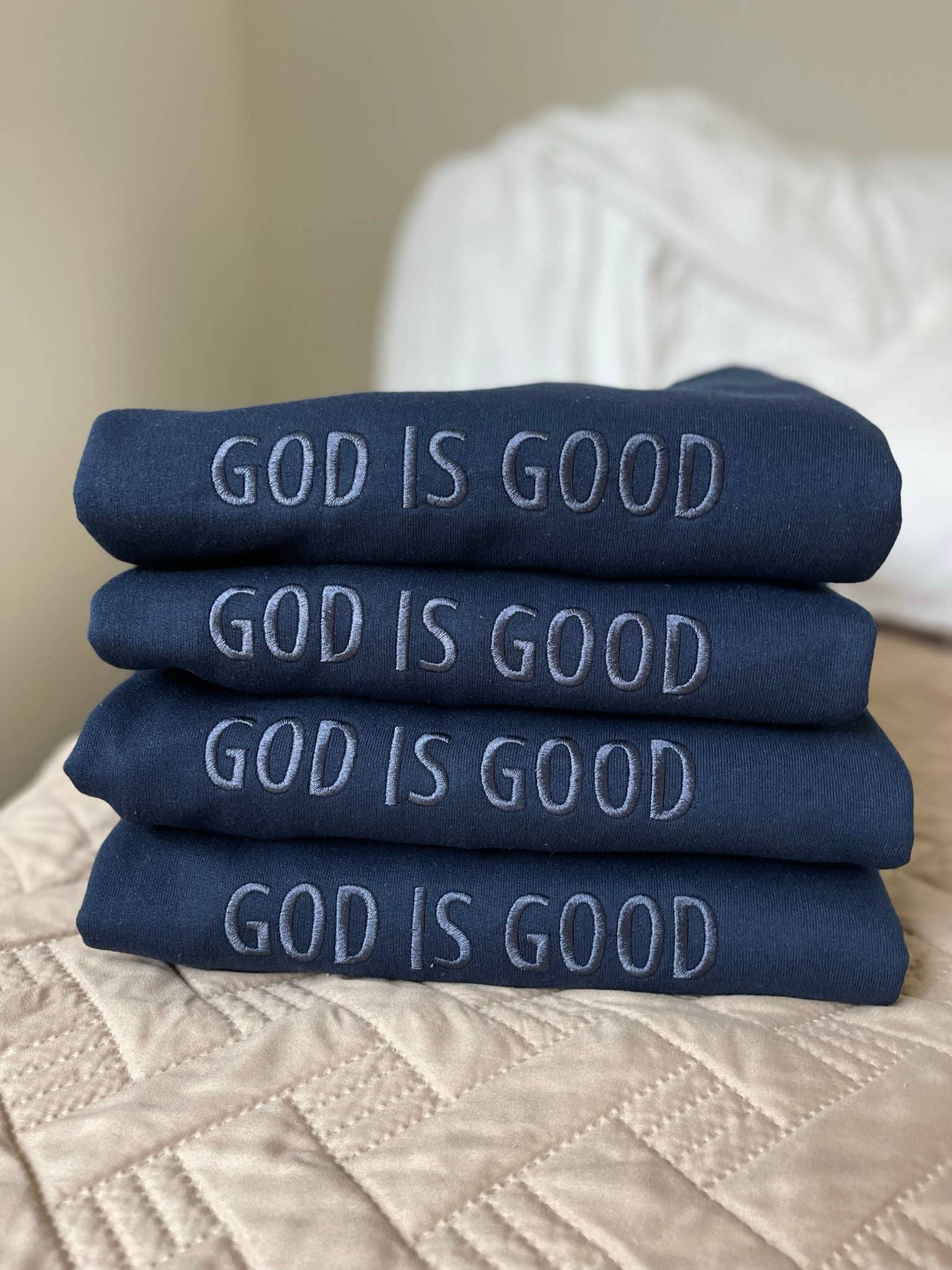 Buleana Boutique and Textiles LLC - Wholesale Graphic Sweatshirt - Unisex - Tone to Tone Custom Embroidered Crewneck God is good Sweater1