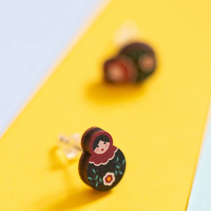 RUSSIAN DOLL – ECO FRIENDLY WOODEN STUD EARRINGS for wholesale by Hey There Munchquin