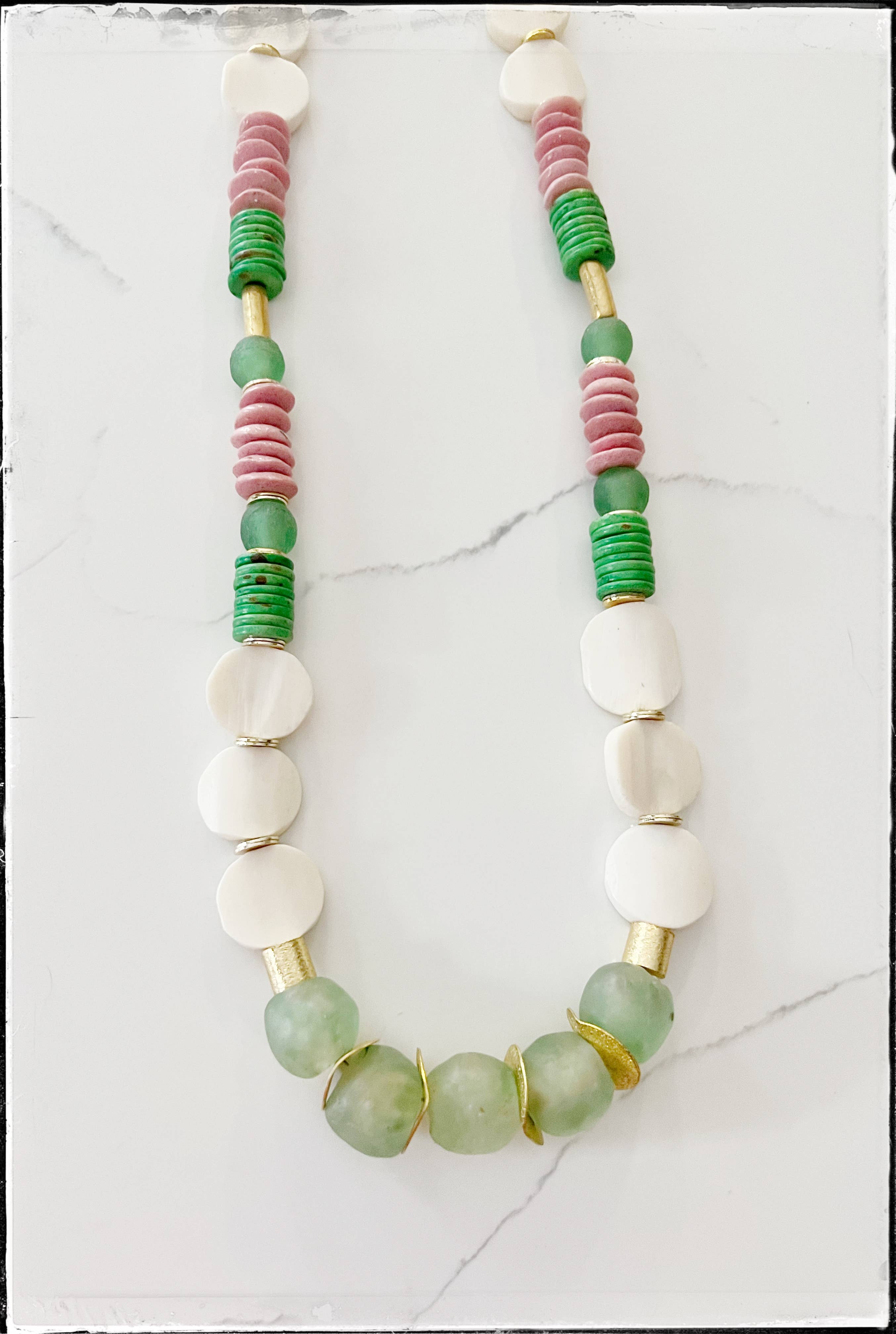 GentrybyJenna - Wholesale Beaded/Pearl Necklace - Bone, Glass & Coconut Wood Bead Necklace- Green Colorblock2