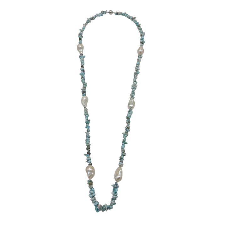 124-06 | LARIMAR & WILD PEARL NECKLACE 36" for wholesale by Girl With A Pearl