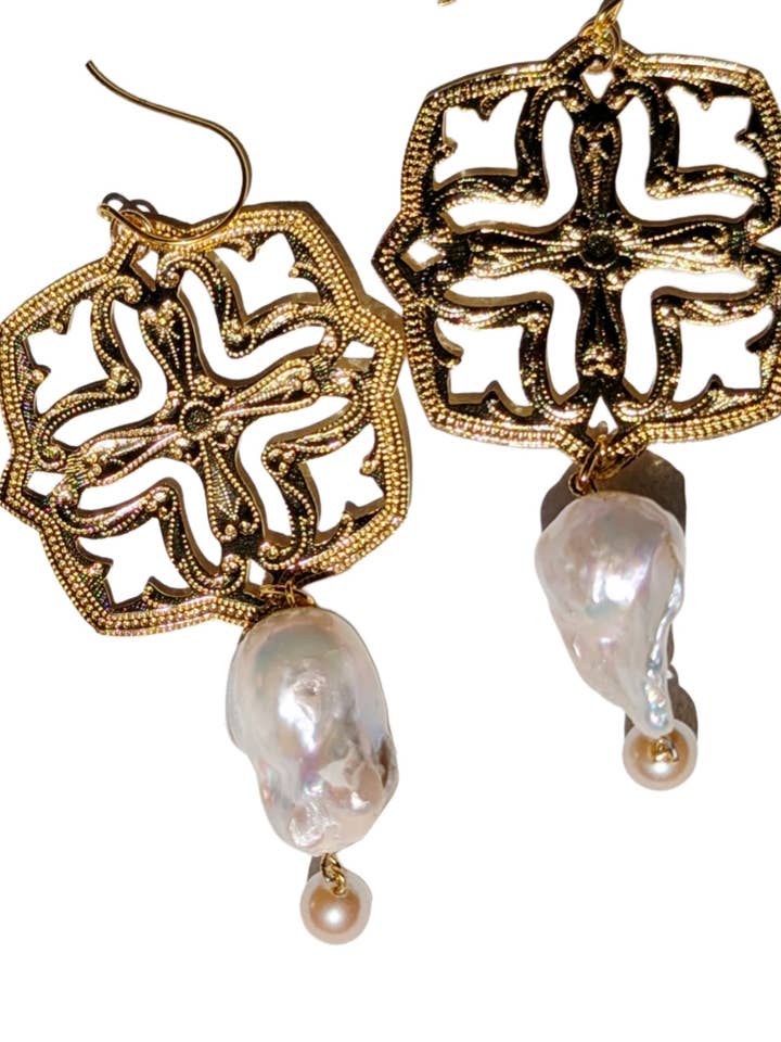 24K Gold plated Asian Style Inspired Brass Pressings XL White Baroque Pearl Earrings Unisex Handmade Sugar Gay Isber for wholesale by Gay Isber Designs