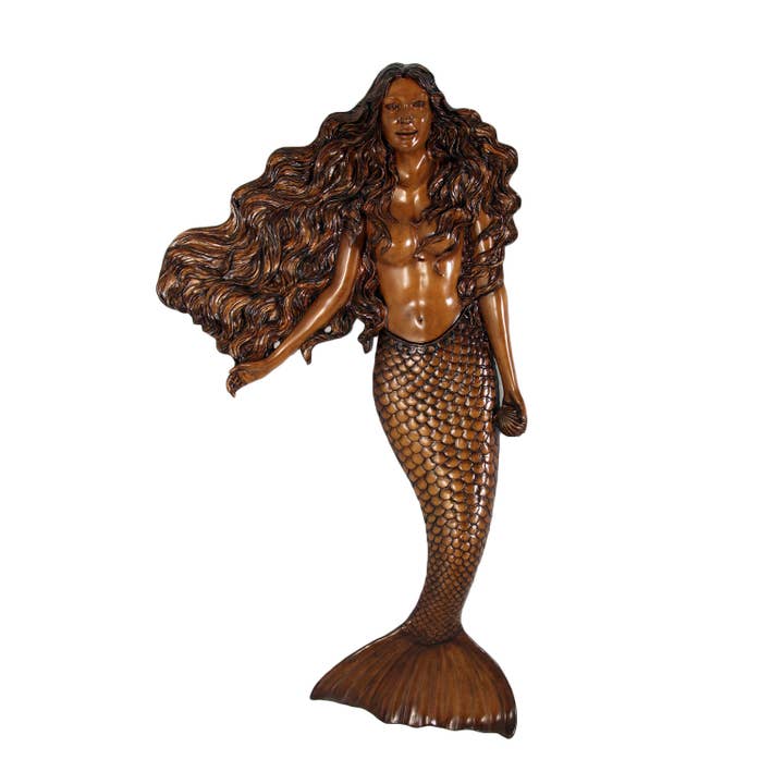 Sirène murale Grande sculpture finition bois 56" pour la vente par Nautical Tropical Imports