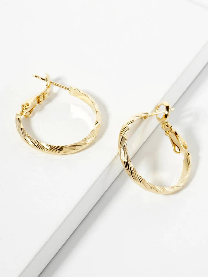20mm 14K-Gold-Dipped Diagonal-Texture Brass Latch-Back Hoop Earrings for wholesale by Wild Honey
