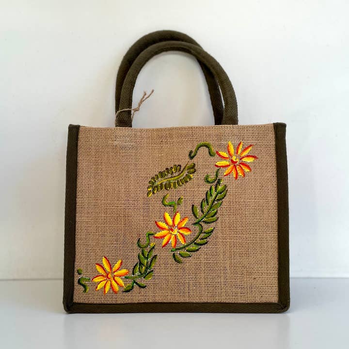Pequeno saco em juta crua, com flores pintadas à mão por atacado de Elles et No.