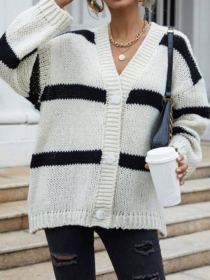 WHITE Striped V-neck sleeved chunky knitted cardigan for wholesale on Faire1