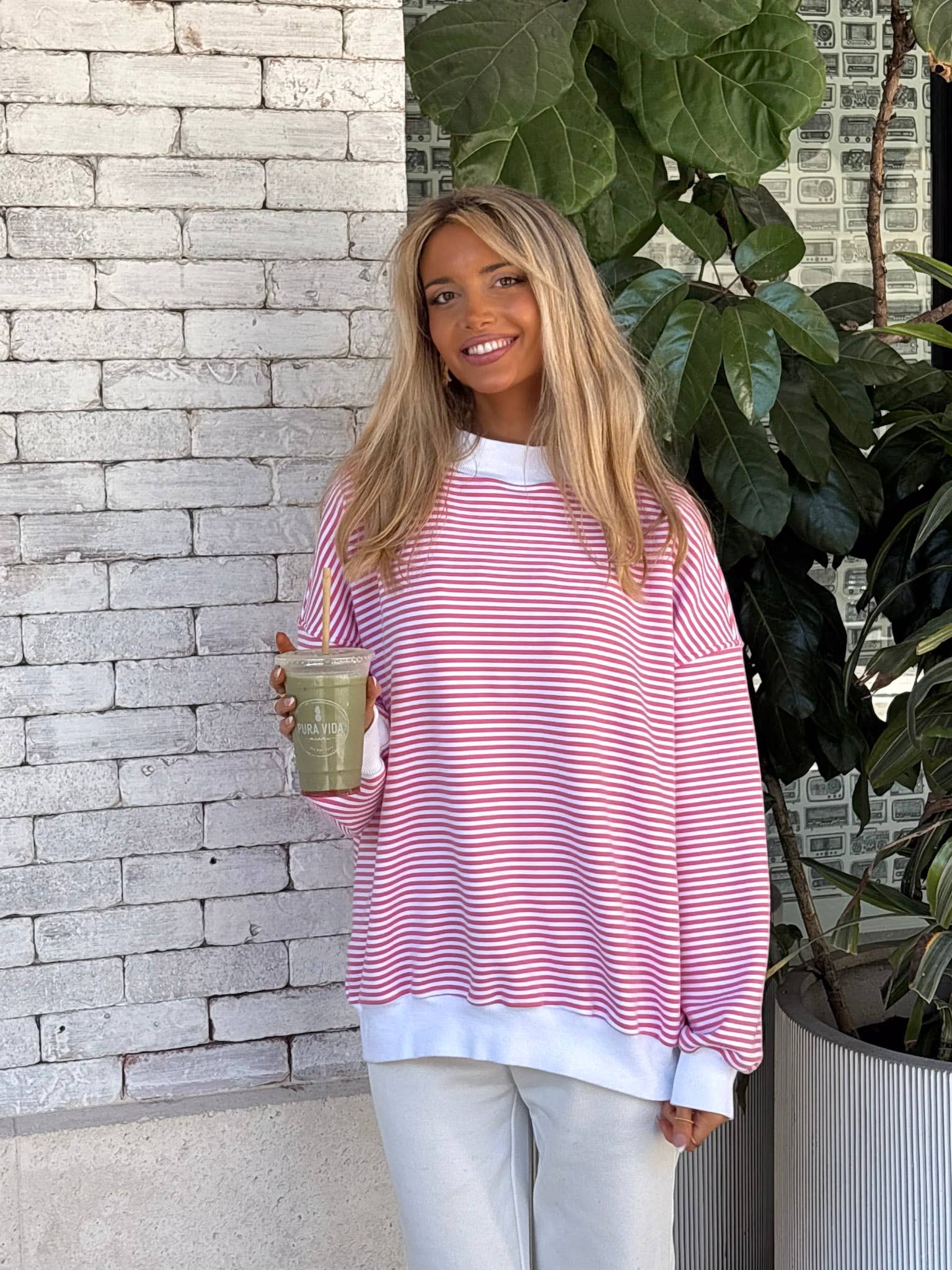 Dark Pink and White Big Striped Mockneck Sweatshirt for wholesale on Faire9
