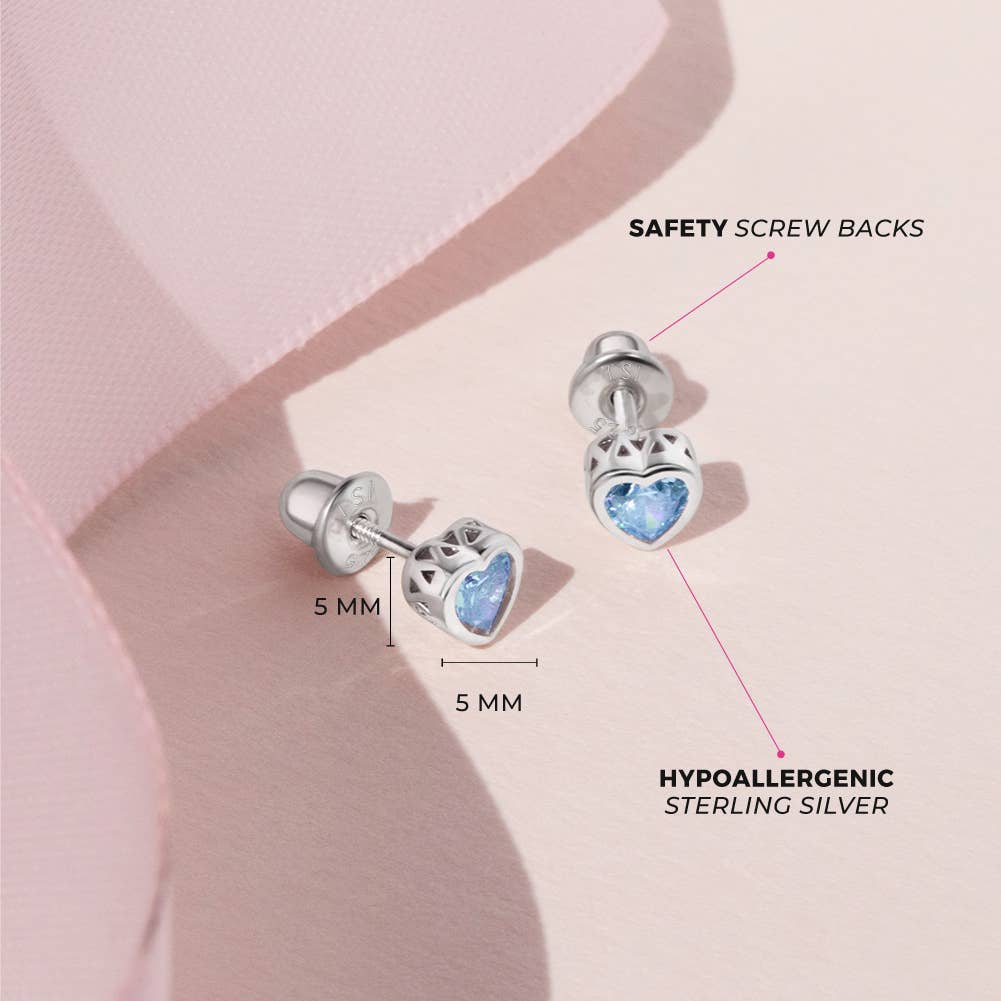 In Season Jewelry - Wholesale Earrings - Kids - CZ Birthstone Heart Toddler Kids Earrings - Sterling Silver36