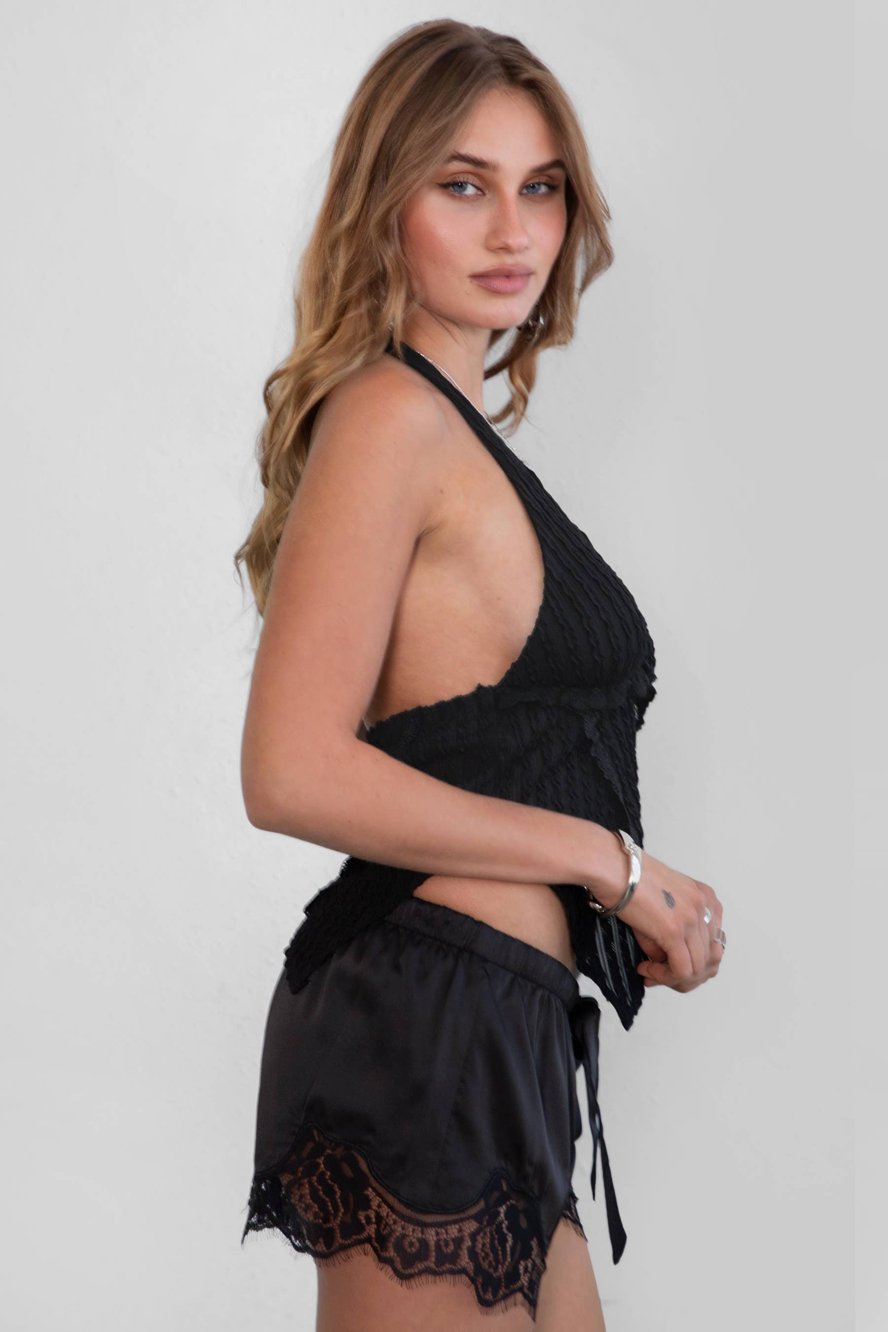 Black NAAMI Textured Jacquard Lace Asymmetrical Hem Cami Top for wholesale on Faire1