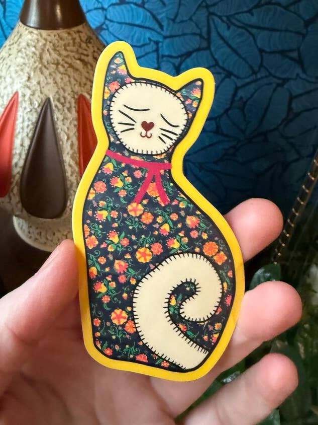 Vintage Cat Pillow Floral Sticker for wholesale by Corkscrew Curiosities