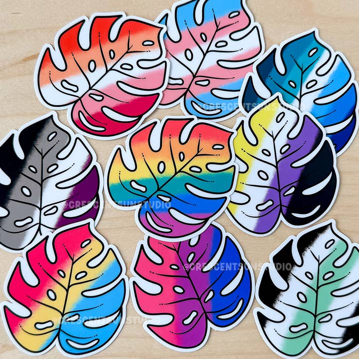 Pride Flag Monstera Leaf Sticker, LGBTQ+ Subtle Pride Colors for wholesale by Crescent Sun Studio