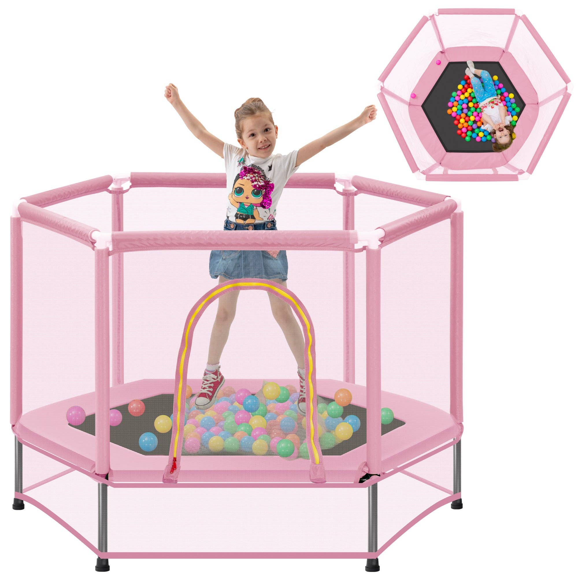 Orange County Decor - Wholesale Sporting Game - Kids & Baby - 55'' Toddlers Trampoline With Safety Enclosure Net And Balls, Indoor Outdoor Mini Trampoline For Kids Pink Metal6