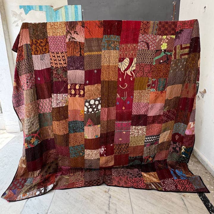 bhavnas boutique - Wholesale Quilt - Queen Size Blanket Kantha Stitched Sari Silk Patchwork Quilt0