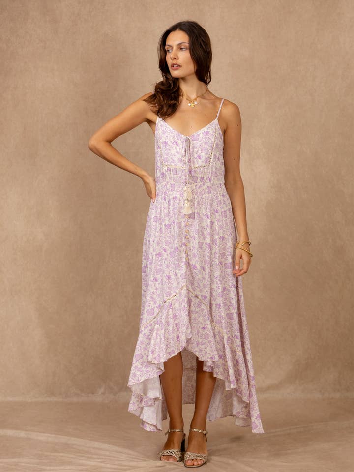 Long floral print tank dress, tied v-neck for wholesale by last queen