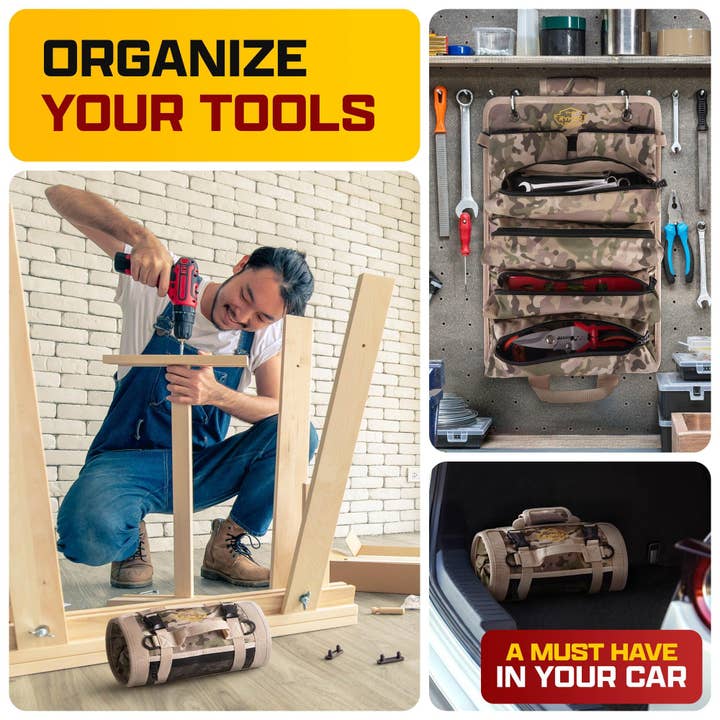 The Ryker Bag - Wholesale Tool Set - CAMO Tool Roll Organizer with 2 Detachable Pouches