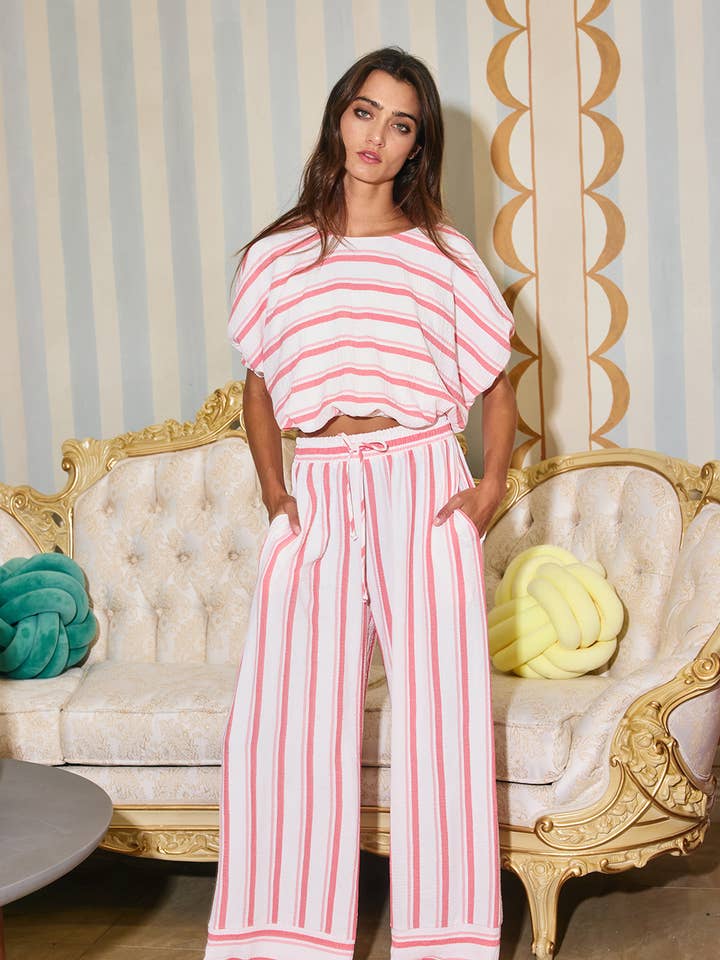 BUCKETLIST - Wholesale Pants - Women's - P5708 Stripe Print Drawstring Straight Legs Pants1