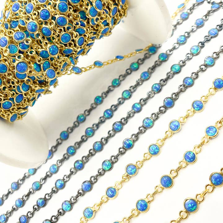 Jewels & Chains - Wholesale Link & Chain Necklace - Created Blue Opal Round Shape Connected Chain. CBO8