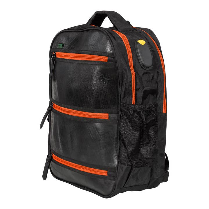 Ecowings Black Tiger Rucksack aus Autoreifen - mit orangefarbenem Reißverschluss für den Großhandel von Meezy